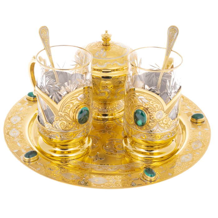 Oasis tea set with malachite, for 2 persons, Zlatoust