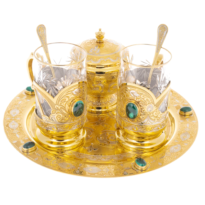 Oasis tea set with malachite, for 2 persons, Zlatoust