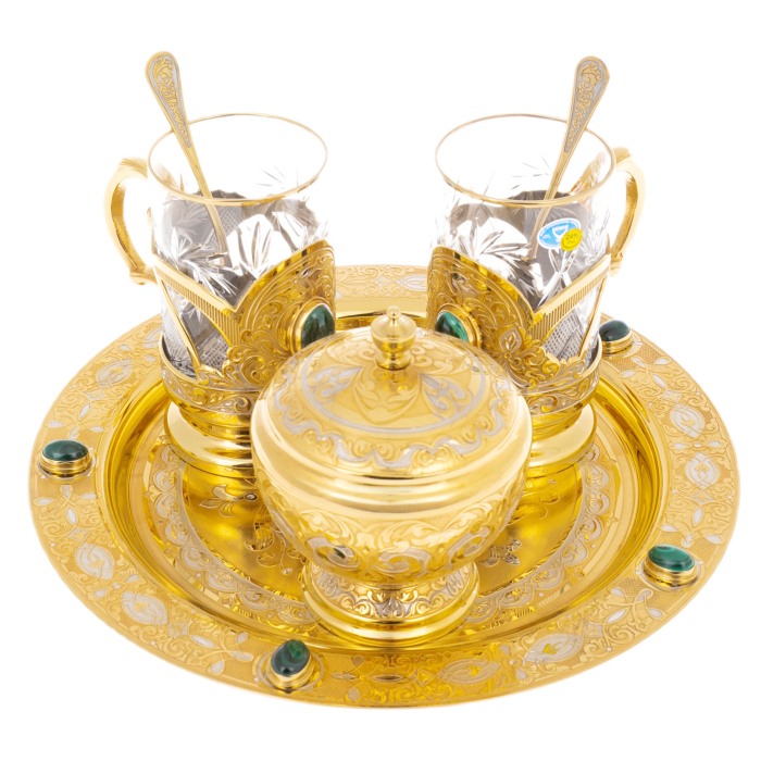 Oasis tea set with malachite, for 2 persons, Zlatoust