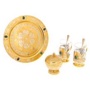 Oasis tea set with malachite, for 2 persons, Zlatoust