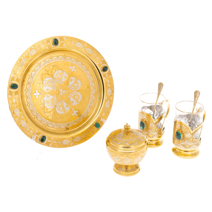 Oasis tea set with malachite, for 2 persons, Zlatoust