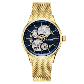 Наручные механические часы Lincor 4119 с автоподзаводом, золотисто-синие