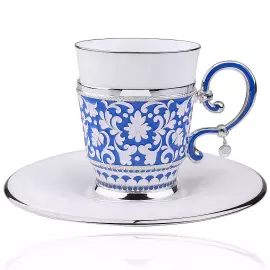 Чайная пара из серебра и фарфора "DEUX FORCES" синяя