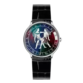 Наручные кварцевые часы Lincor "ART Знаки зодиака - Близнецы" серебристые с черным ремешком