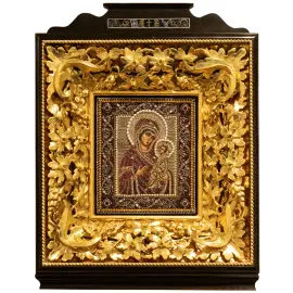 Вышитая икона "Пресвятая Богородица Тихвинская" в антикварном киоте