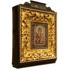 Вышитая икона "Пресвятая Богородица Тихвинская" в антикварном киоте