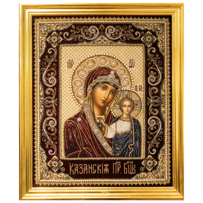 Вышитая икона "Пресвятая Богородица Казанская" в киоте
