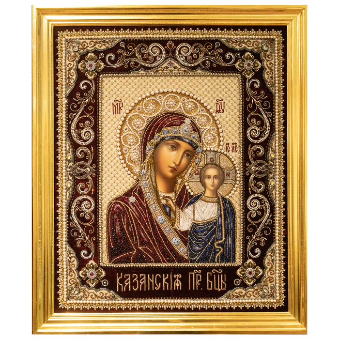 Вышитая икона "Пресвятая Богородица Казанская" в киоте