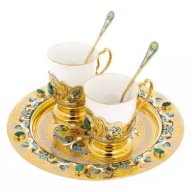 Coffee set for 2 persons "Duet" with malachite, Zlatoust
