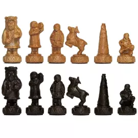 Wooden carved chess set "Peoples of the North" on an oak board