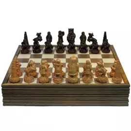 Wooden carved chess set "Peoples of the North" on an oak board