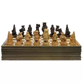 Wooden carved chess set "Peoples of the North" on an oak board