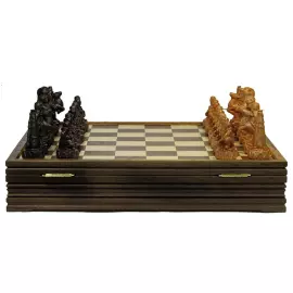 Wooden carved chess set "Peoples of the North" on an oak board