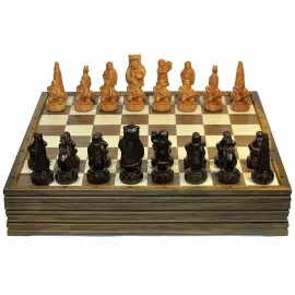 Wooden carved chess set "Peoples of the North" on an oak board