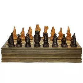 Wooden carved chess set "Peoples of the North" on an oak board