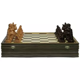 Wooden carved chess set "Peoples of the North" on an oak board