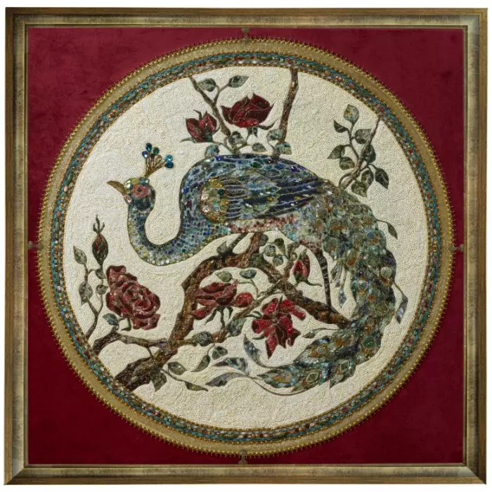 Decorative embroidered panel made of precious stones "Peacock"