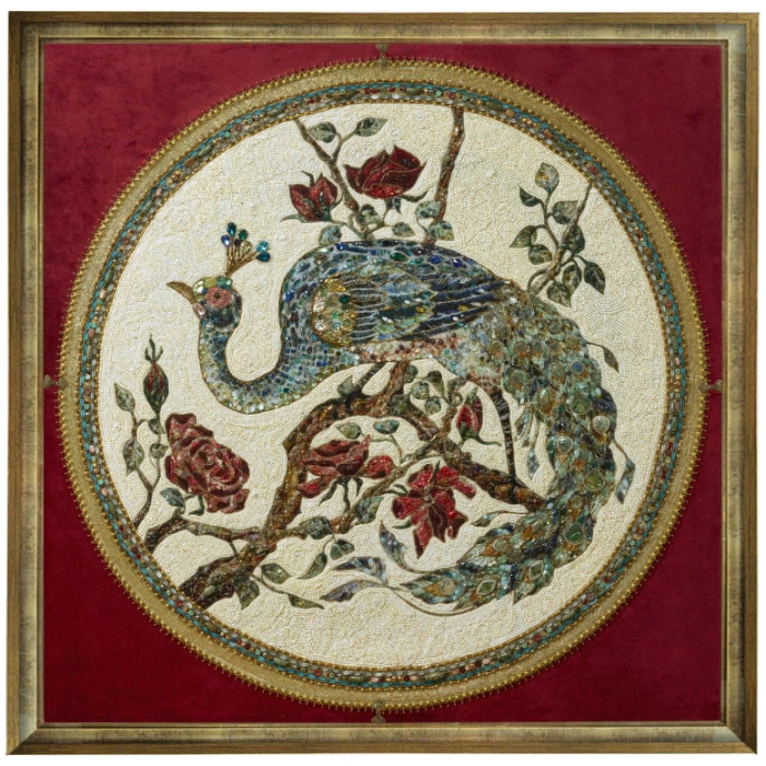 Decorative embroidered panel made of precious stones "Peacock"