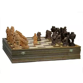 Wooden carved chess set "Fairy Tale" on an oak board