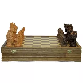 Wooden carved chess set "Fairy Tale" on an oak board