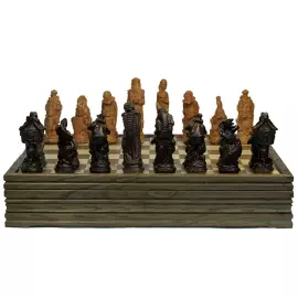 Wooden carved chess set "Fairy Tale" on an oak board