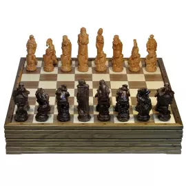 Wooden carved chess set "Fairy Tale" on an oak board