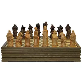Wooden carved chess set "Fairy Tale" on an oak board