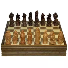 Wooden carved chess set "Fairy Tale" on an oak board