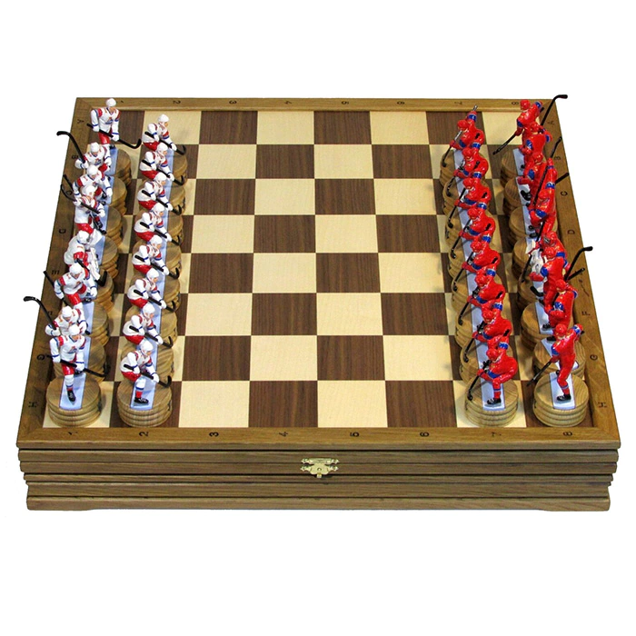 Collectible Hockey - Locomotive chess set on an oak board