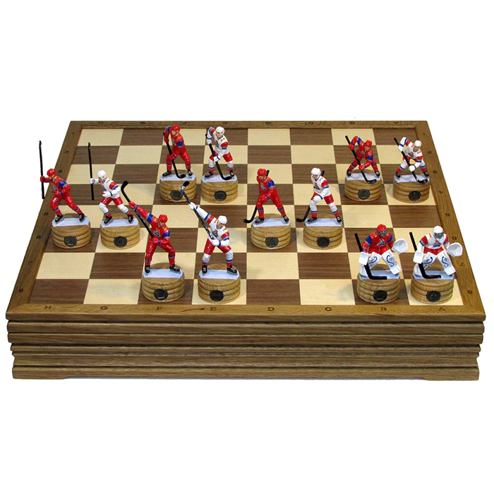 Collectible Hockey - Locomotive chess set on an oak board