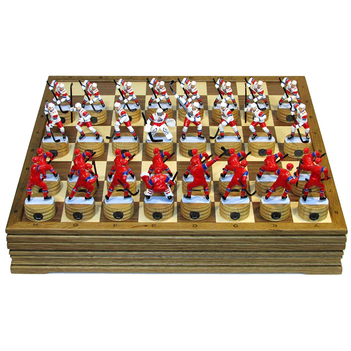 Collectible Hockey - Locomotive chess set on an oak board