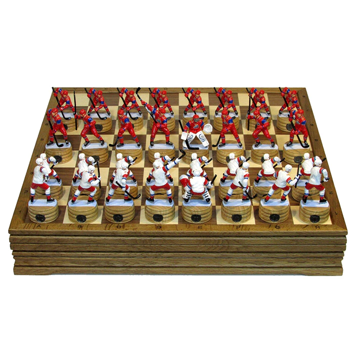 Collectible Hockey - Locomotive chess set on an oak board