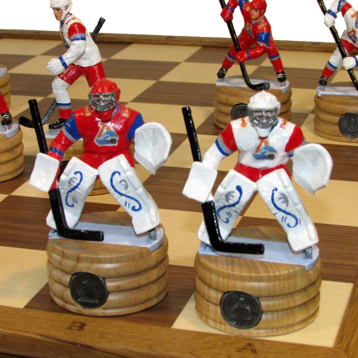 Collectible Hockey - Locomotive chess set on an oak board