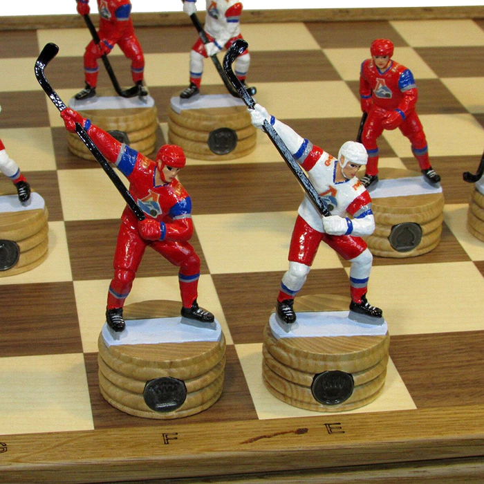 Collectible Hockey - Locomotive chess set on an oak board