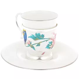 Чайная пара из серебра и фарфора "Бабочка" синяя