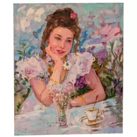 The author's oil painting "Girl with a cup of tea"