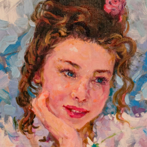 Авторская картина маслом "Девушка за чашкой чая"