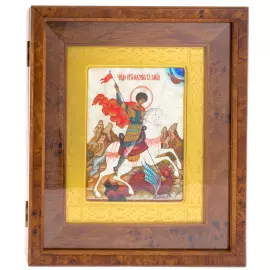 Икона "Георгий Победоносец" в киоте и золотой раме на натуральном перламутре