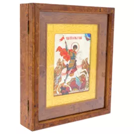 Икона "Георгий Победоносец" в киоте и золотой раме на натуральном перламутре