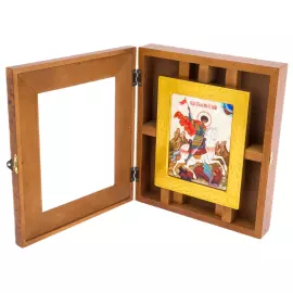 Икона "Георгий Победоносец" в киоте и золотой раме на натуральном перламутре