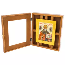 Икона "Николай Чудотворец" в киоте и золотой раме на натуральном перламутре