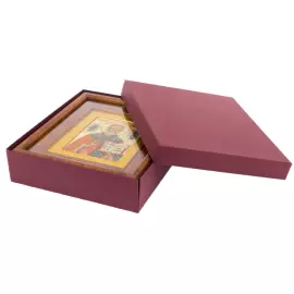 Икона "Николай Чудотворец" в киоте и золотой раме на натуральном перламутре