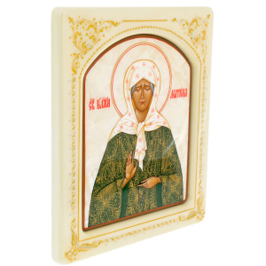 Mother-of-pearl icon "Matrona of Moscow" in a white frame with an ornament