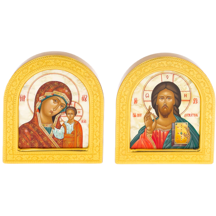 Wedding couple on natural mother-of-pearl "Our Lady of Kazan and the Icon of the Savior"