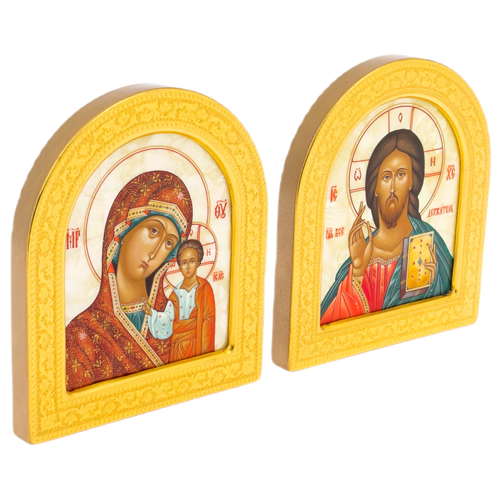 Wedding couple on natural mother-of-pearl "Our Lady of Kazan and the Icon of the Savior"