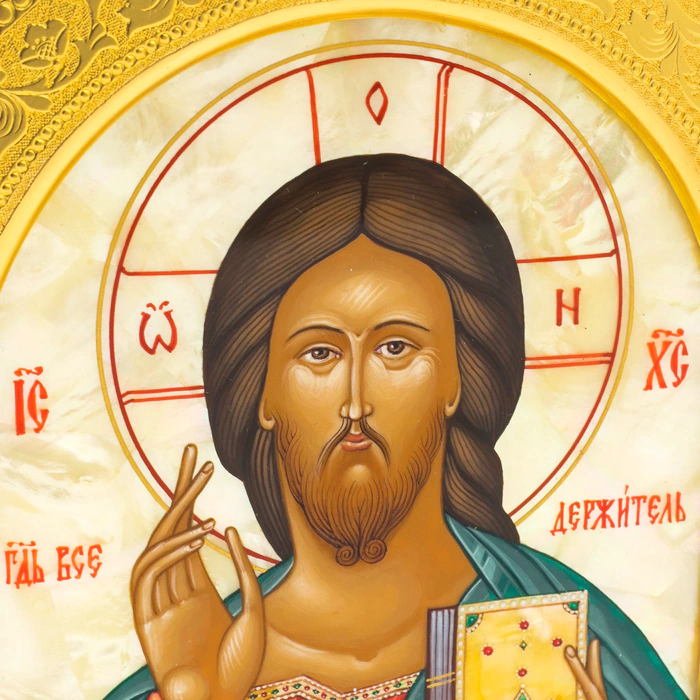 Wedding couple on natural mother-of-pearl "Our Lady of Kazan and the Icon of the Savior"