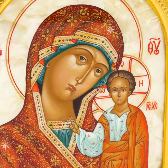 Wedding couple on natural mother-of-pearl "Our Lady of Kazan and the Icon of the Savior"
