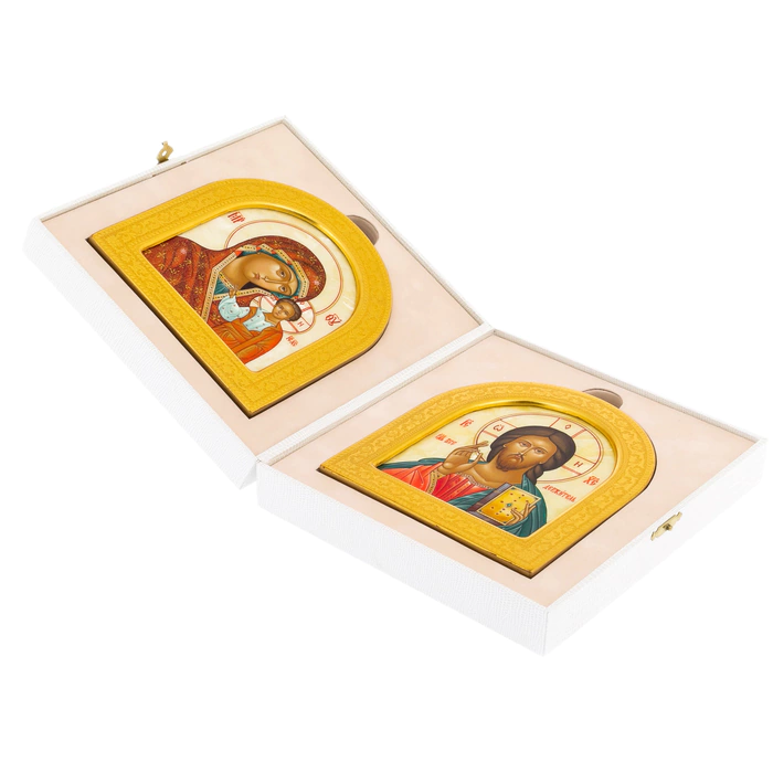Wedding couple on natural mother-of-pearl "Our Lady of Kazan and the Icon of the Savior"