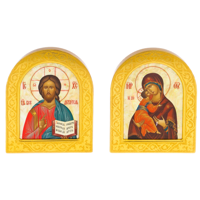 Wedding couple on natural mother-of-pearl "Our Lady of Vladimir and the Savior"
