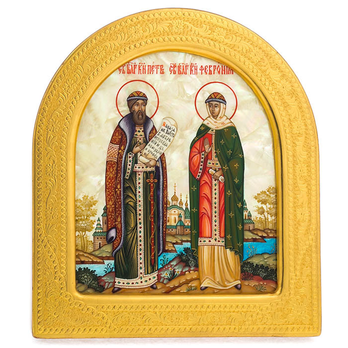 Mother-of-pearl icon "Peter and Fevronia" in a golden frame (arch)